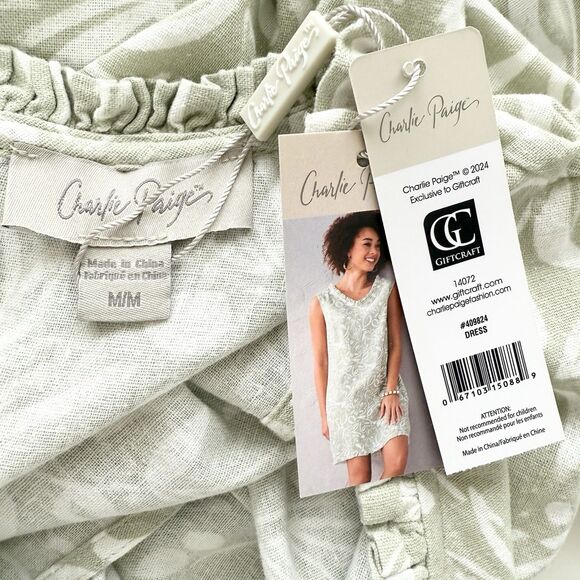 Charlie Paige Linen Blend Shift Dress M Sage Green Leaf Print Sleeveless - Picture 9 of 13